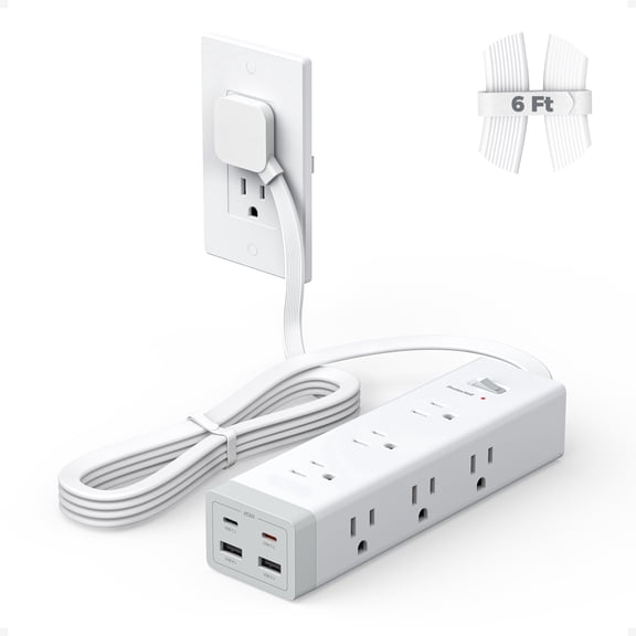 Surge Protector Power Strip with 2 USB-C (20W PD), 6FT Flat Plug Cord