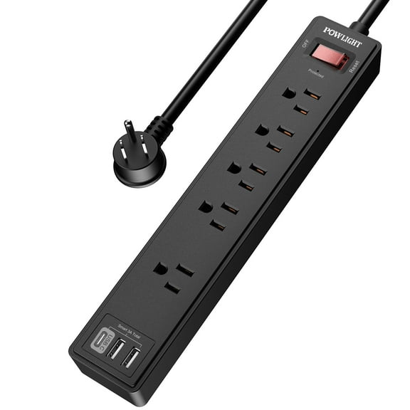 Surge Protector Power Strip with 5 AC Outlets and 3 USB Ports (1 USB-C), 1680J Surge Protection, Compact Design for Home and Office Use