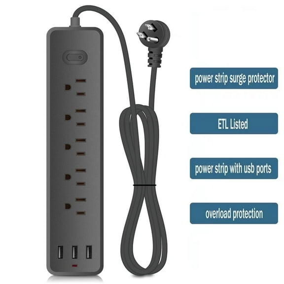 Surge Protector Power Strip,with 5 Outlets and 3 USB Ports,4ft Flat Extension Cord,ETL Listed for Dorm Room, Cruise, Travel and Office，Black