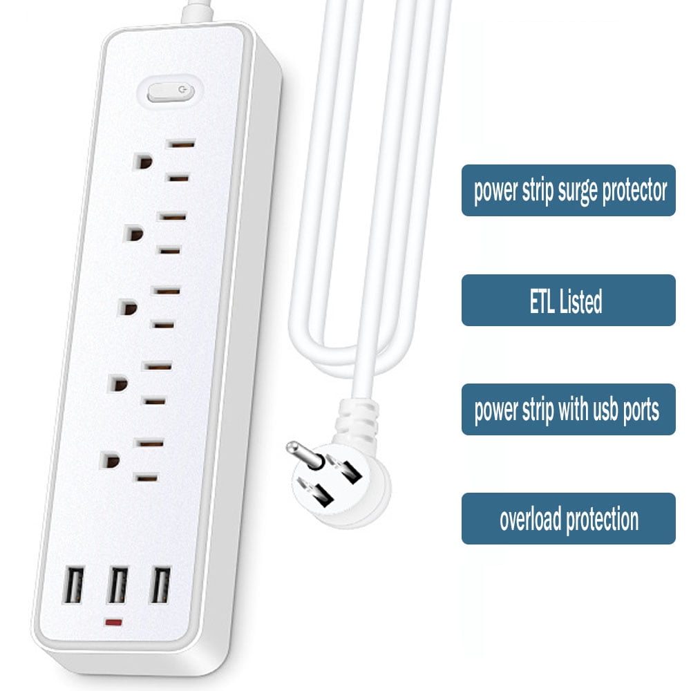 Surge Protector Power Strip,with 5 Outlets and 3 USB Ports,4ft Flat