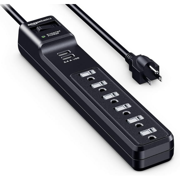 Surge Protector Power Strip with 6 Outlets, 2 USB Ports, 1000 Joule, 6-Foot Cord Length, Black