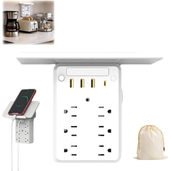 Surge Protector Power Strip with Phone Shelf & USB, White Charging Station