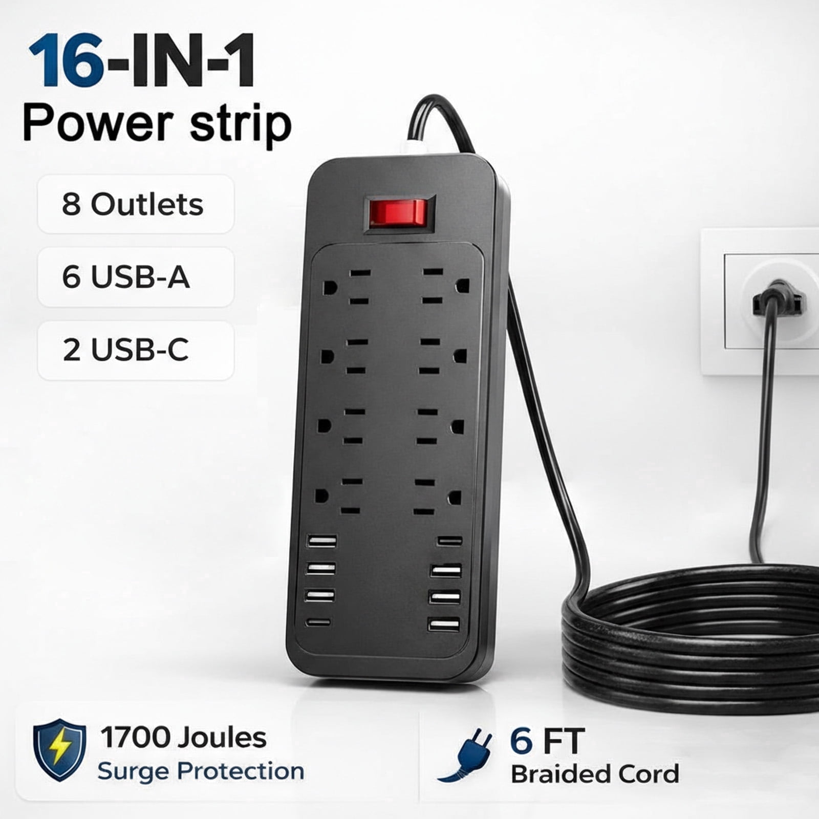 Surge Protector Power Strip with 8 Outlets and 8 USB Ports (2 USB-C), 1700 Joules, 6FT Braided Extension Cord, Ultra Flat Plug, Wall Mount Charging Station, Black