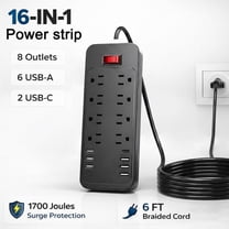 Surge Protector Power Strip with 8 Outlets and 8 USB Ports (2 USB-C), 1700 Joules, 6FT Braided Extension Cord, Ultra Flat Plug, Wall Mount Charging Station, Black