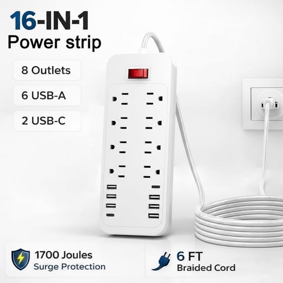 Surge Protector Power Strip with 8 Outlets and 8 USB Ports (2 USB-C), 1700 Joules, 6FT Braided Extension Cord, Ultra Flat Plug, Wall Mount Charging Station, White