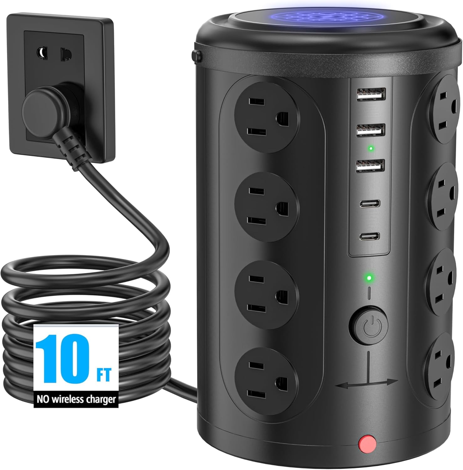 Surge Protector Tower with 16 Outlets and 5 USB Ports (2 USB-C), 10ft Extension Cord, 45° Flat Plug, Charging Station for Home, Office, Dorm Room Essentials (Black)