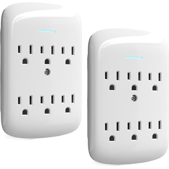 Surge Protector Wall Mount 6-Outlet Extender 2 Pack, 3 Prong Grounded Multi Plugs Power Strip Adapter Tap with Light, 15A/125V Low-Profile for & Office & Travel -ETL-White