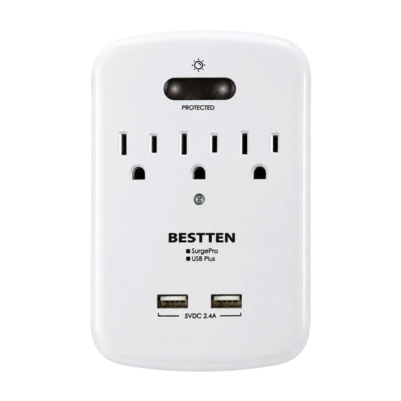 Surge Protector Wall Tap with Shelf,3-Outlets,2 USB Ports,Wall Outlet Extender,White
