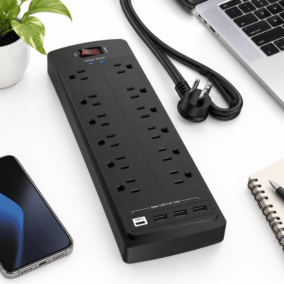 Surge Protector With 12 Outlets And 4b Ports 10 Feet Flat Plug ...