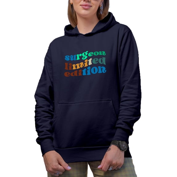 Surgeon Limited Edition, Medical Profession Themed, Groovy Retro Wavy Text Merch Gift, Navy Blue Hooded Sweatshirt or Hoodie, Medium