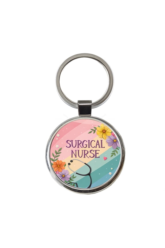 Surgical Nurse Appreciation Stethoscope Flowers Metal Round Keychain