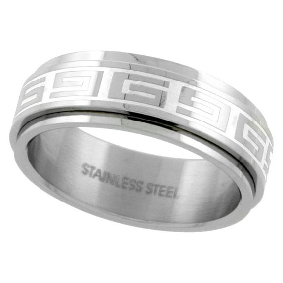 Surgical Stainless Steel Greek Key Spinner Ring 8mm Wedding Band, size 9.5