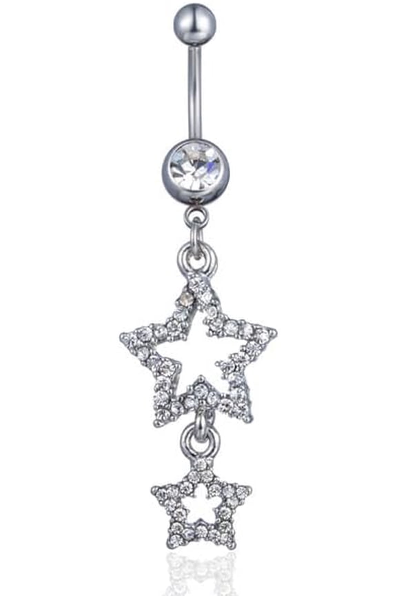 Surgical Steel CZ Belly button Bars with Dangle Cubic Zirconia Belly Piercing Belly Rings Jewelry Dangling Cute Double Star Navel Rings Body Piercing Jewelry Barbells for Women Girls