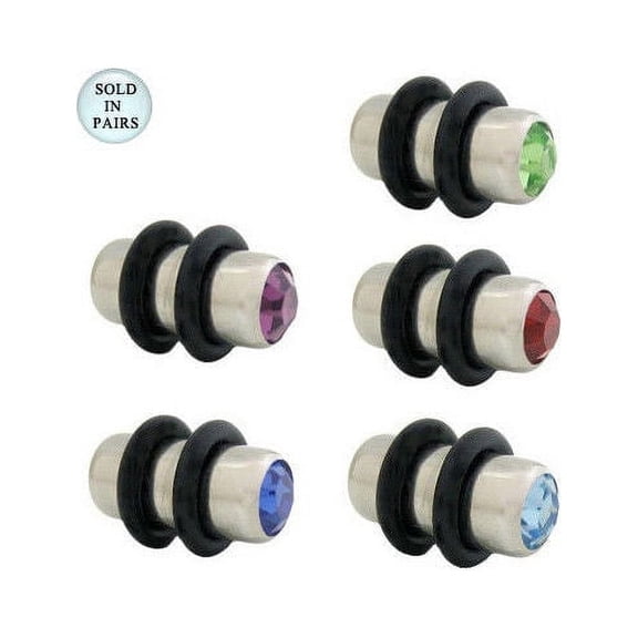 Surgical Steel Double Jeweled Ear Plugs with O Rings - 5 Colors Available
