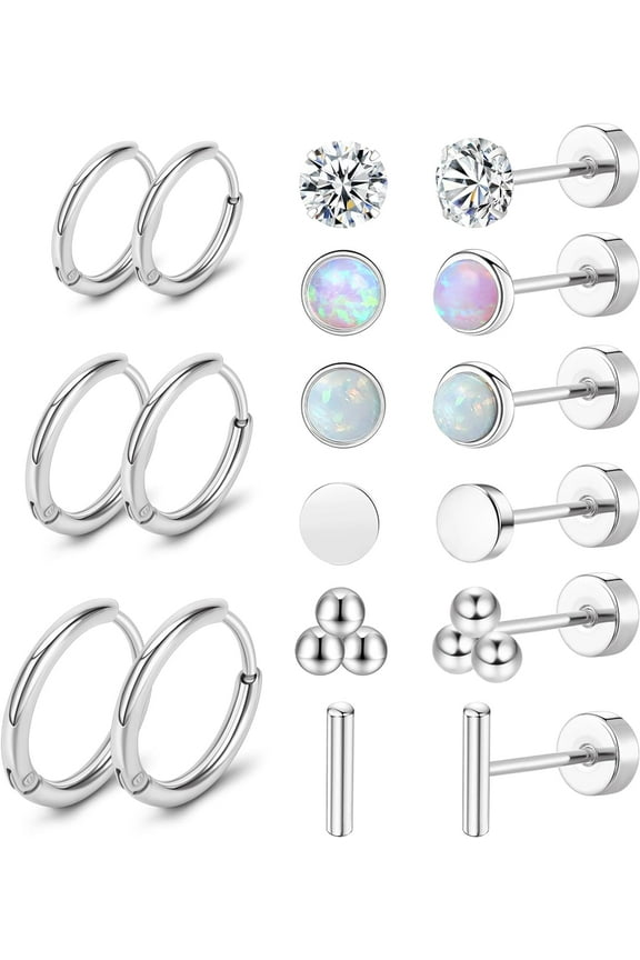 Surgical Steel Earrings For Women Men 20 Gauge Hoop Stud Earring Sets For Multiple Piercing Cz Ball Nap Earrings Flat Back Hypoallergenic Cartilage Earring[Z1]