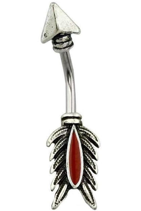 Surgical Steel Feather Arrow Belly Button Ring, 14G, 3/8 Inch, Antique Silver with Red Accent