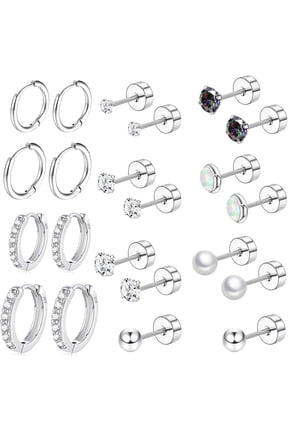 Multi-ear puncture surgery steel flat-backed earrings, low-allergy small cartilage Huggie Hoop earrings, titanium micro CZ pearl protein stone earrings for ladies