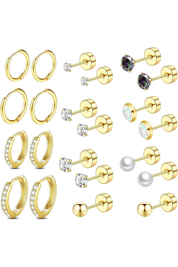 Surgical Steel Flat Back Earrings Set for Multiple Piercing Sensitive Ears,Sterling Silver Hypoallergenic Small Cartilage Huggie Hoop Earrings Titanium Tiny CZ Pearl Opal Stud Earrings for Women