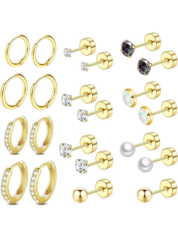 Surgical Steel Flat Back Earrings Set for Multiple Piercing Sensitive Ears,Sterling Silver Hypoallergenic Small Cartilage Huggie Hoop Earrings Titanium Tiny CZ Pearl Opal Stud Earrings for Women