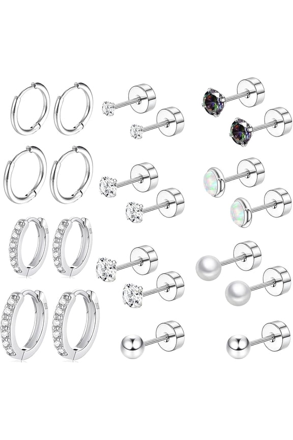 Surgical Steel Flat Back Earrings Set for Multiple Piercing Sensitive Ears,Sterling Silver Hypoallergenic Small Cartilage Huggie Hoop Earrings Titanium Tiny CZ Pearl Opal Stud Earrings for Women