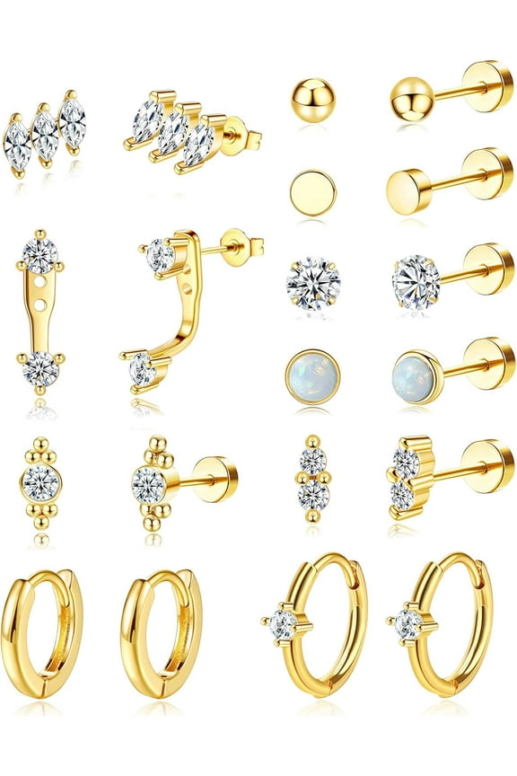 Surgical Steel Flat Back Earrings And Small Gold Hoop Earrings Sets For Multiple Piercing,Hypoallergenic 20G Gold Earrings For Women Cartilage Flatback Earrings Stacks Helix Piercing Jewelry[Z4067]