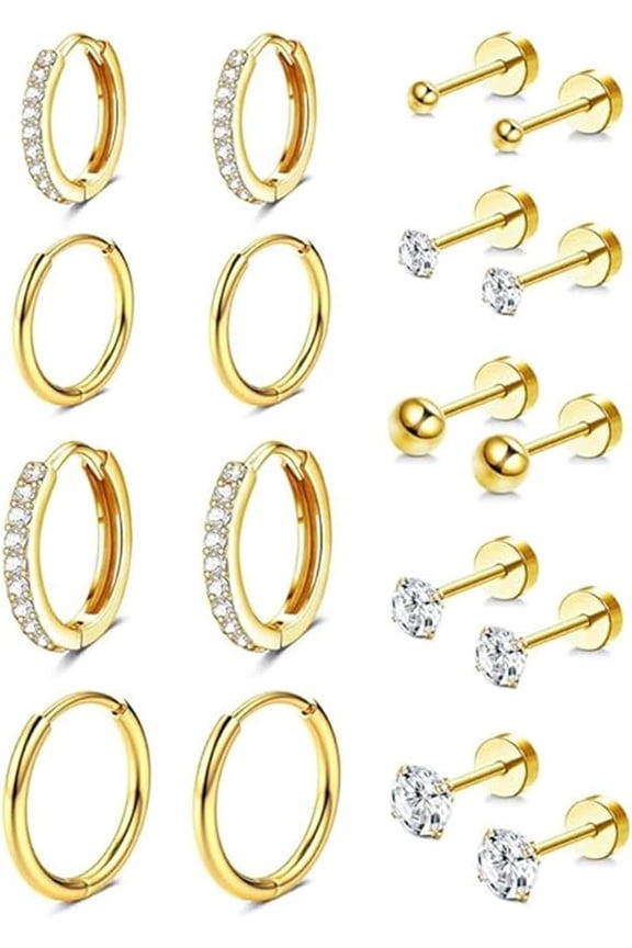 Flat Back Studs for Women, Hypoallergenic Earring Set, Screw Back Cartilage Jewelry, Stackable Tiny Gold Plated Studs, Multi-Piercing Stainless Steel Earrings.[x651]