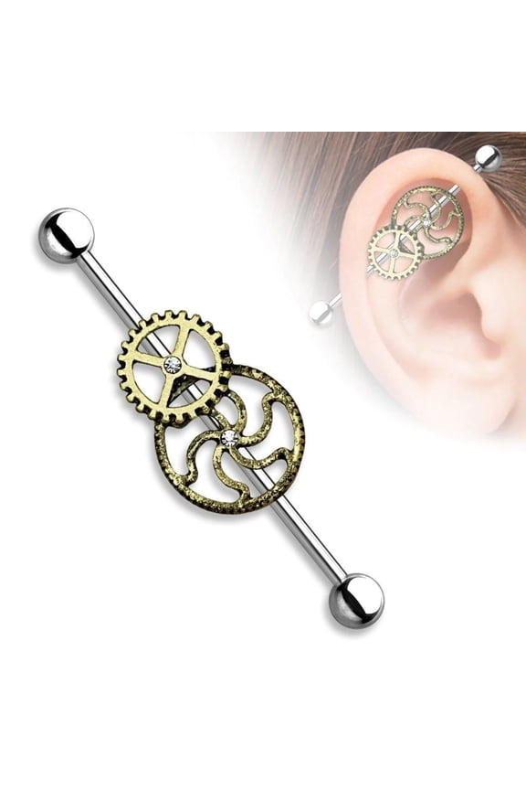 Surgical Steel Industrial Barbell: Externally Threaded Burnish Gold Steampunk