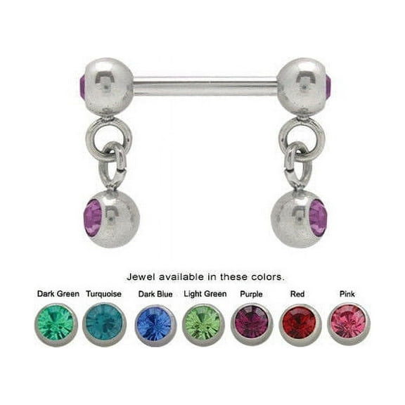 Surgical Steel Jeweled Dangle Nipple Barbell 14 Gauge with CZ Gems