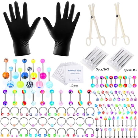 Surgical Steel Lip Nose Cartilage Helix Belly Tongue Body Piercing Tool Kit Eyebrow Nipple Piercing Jewelry Needles Kit 6-124PCS