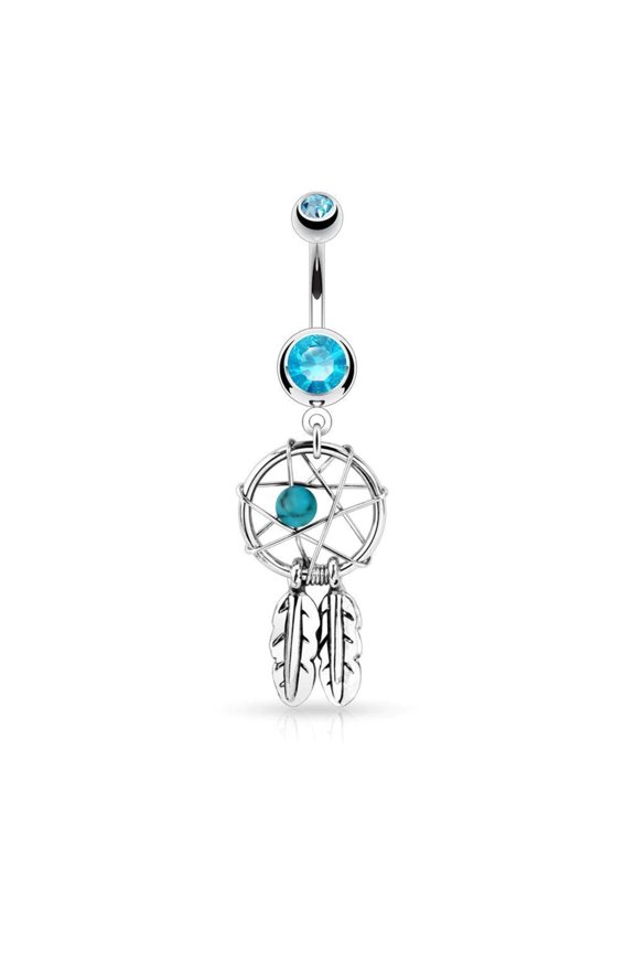 Surgical Steel Navel Belly Button Ring: Externally Threaded Dream Catcher Woven Star Design With Bead And Feathers Dangle-Vital