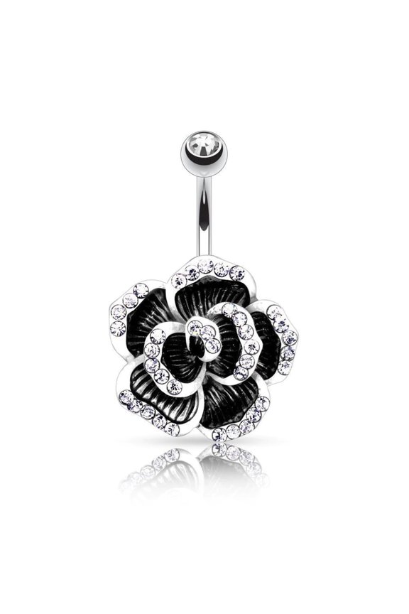 Surgical Steel Navel Belly Button Ring:Rose Petal With Gem Paved Edge