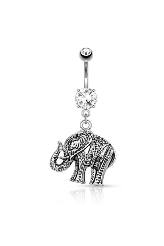 Surgical Steel Navel Belly Ring: Externally Threaded Cubic Zirconia With Elephant Dangle