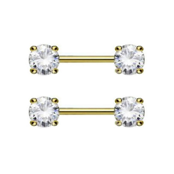 Surgical Steel Nipple Ring Barbell 14 Gauge Gold IP  CZ Gems Set