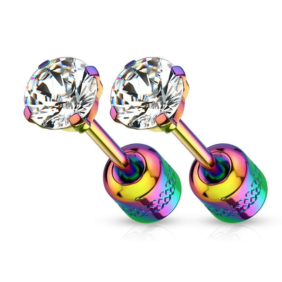 Surgical Steel Pair Prong Set CZ Gem Stud 3mm Earrings w/ Gem Centered Screw Back Rainbow Choose Color
