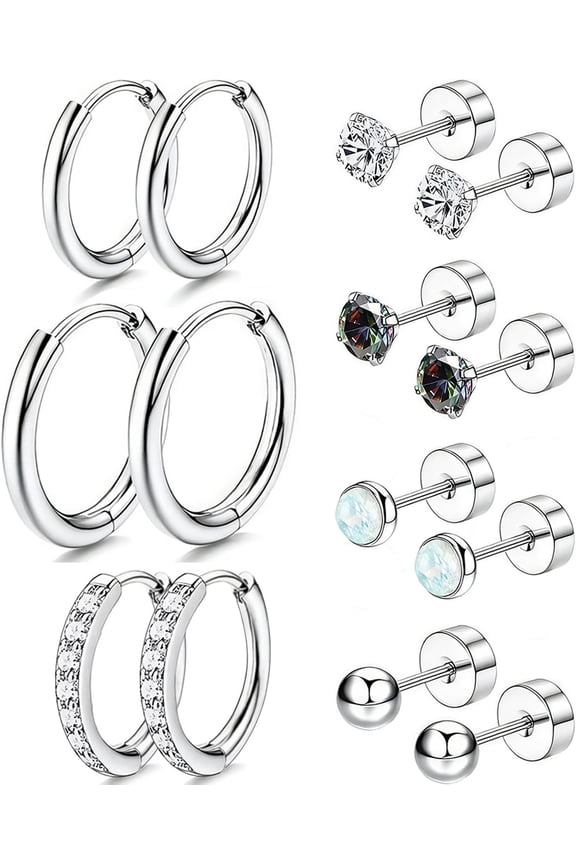 Surgical Steel Stud Earrings for Women, Hypoallergenic Flat Back Earrings for Sensitive Ears, Small Cartilage Huggie Hoop Earrings Ball CZ Opal Screw Back Stud Earrings for Women Men