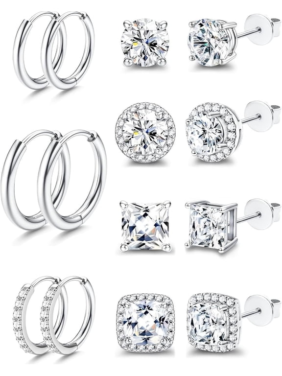 Surgical Steel Stud Earrings for Women Men, S925 Sterling Silver Post Hypoallergenic Cubic Zirconia Earrings Studs & Hoops Set, Big Brilliant Simulated Diamond CZ Halo Earrings for Sensitive Ears
