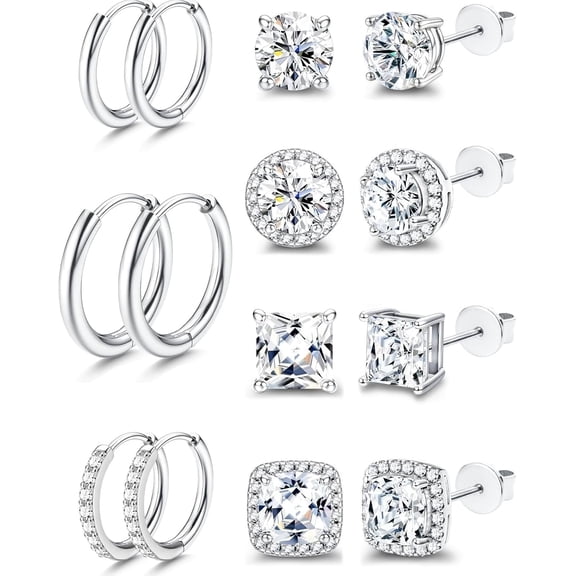 Surgical Steel Stud Earrings for Women Men, S925 Sterling Silver Post Hypoallergenic Cubic Zirconia Earrings Studs & Hoops Set, Big Brilliant Simulated Diamond CZ Halo Earrings for Sensitive Ears