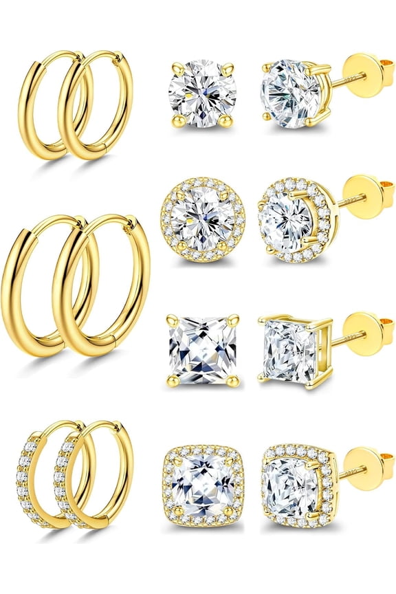 Surgical Steel Stud Earrings for Women Men, S925 Sterling Silver Post Hypoallergenic Cubic Zirconia Earrings Studs & Hoops Set, Big Brilliant Simulated Diamond CZ Halo Earrings for Sensitive Ears