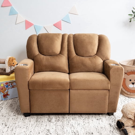 Suri Brown Childrens Push Back Loveseat Recliner Microfiber Double Seat 