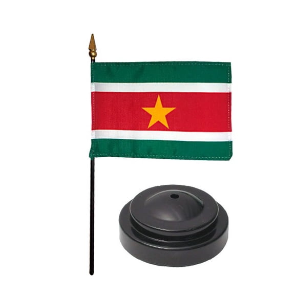 Suriname Desk Flag with Base; American Made Rayon 4x6 inch Miniature Table Set Includes One Small Mini Country Stick Flags and One Black Stand (Suriname Desk Flag and Base)