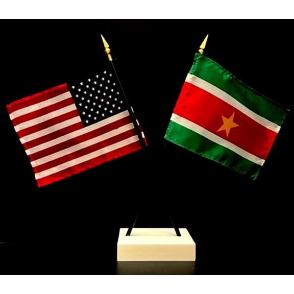 Suriname Desk Flag Set; Contains One USA and One Country Flag with a White Crossed Base, American Made