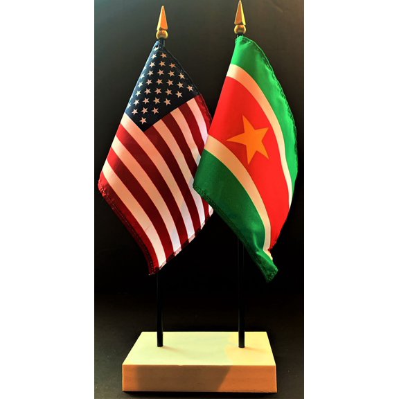 Suriname Table Flag Set; One USA and International Rayon 4x6 inch Flag Plus a White Base