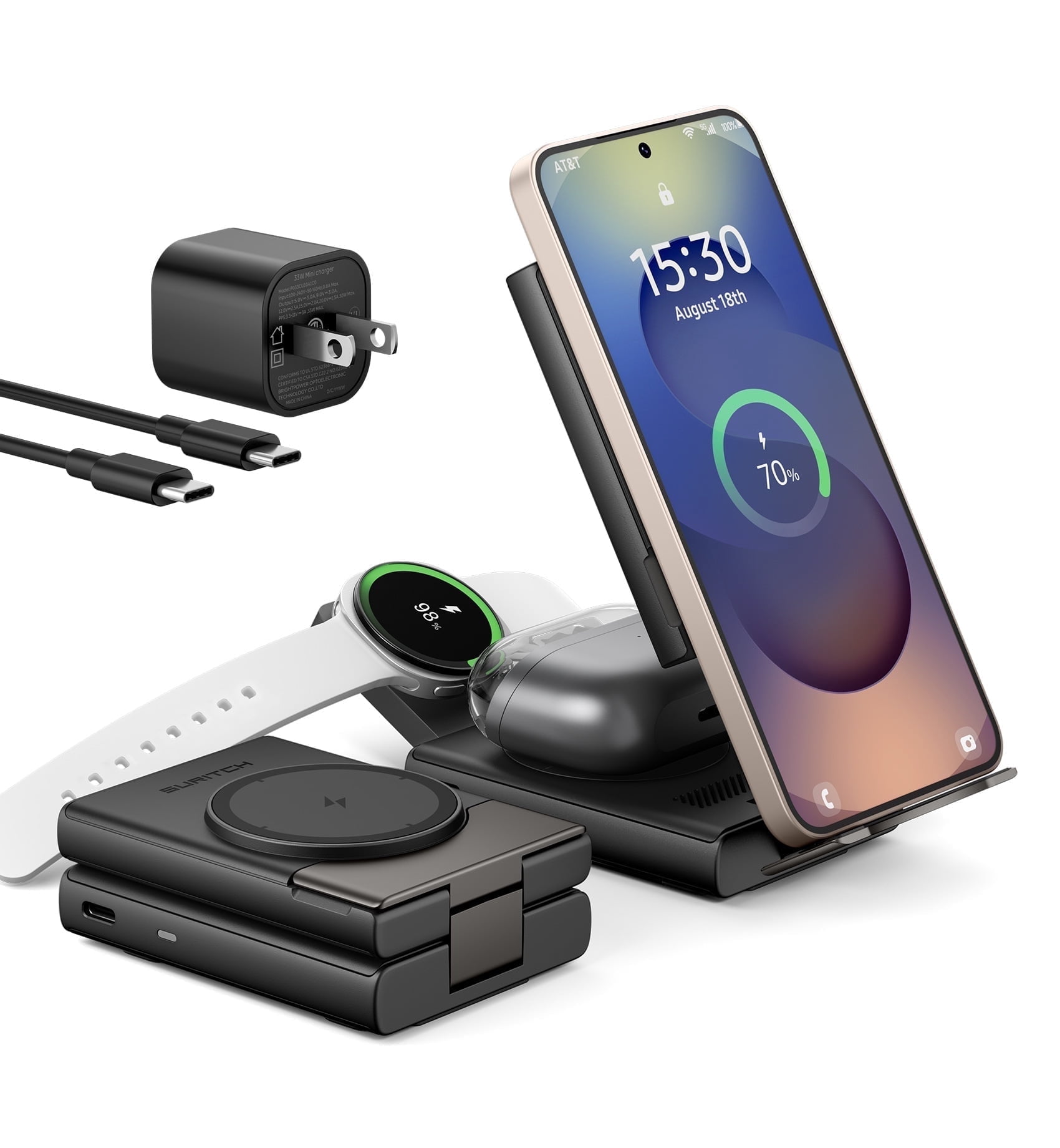Suritch 3 in 1 Charging Station for Samsung Galaxy S25 S24 S23 S22 S21, Wireless Charger for Galaxy Watch and Buds, Black