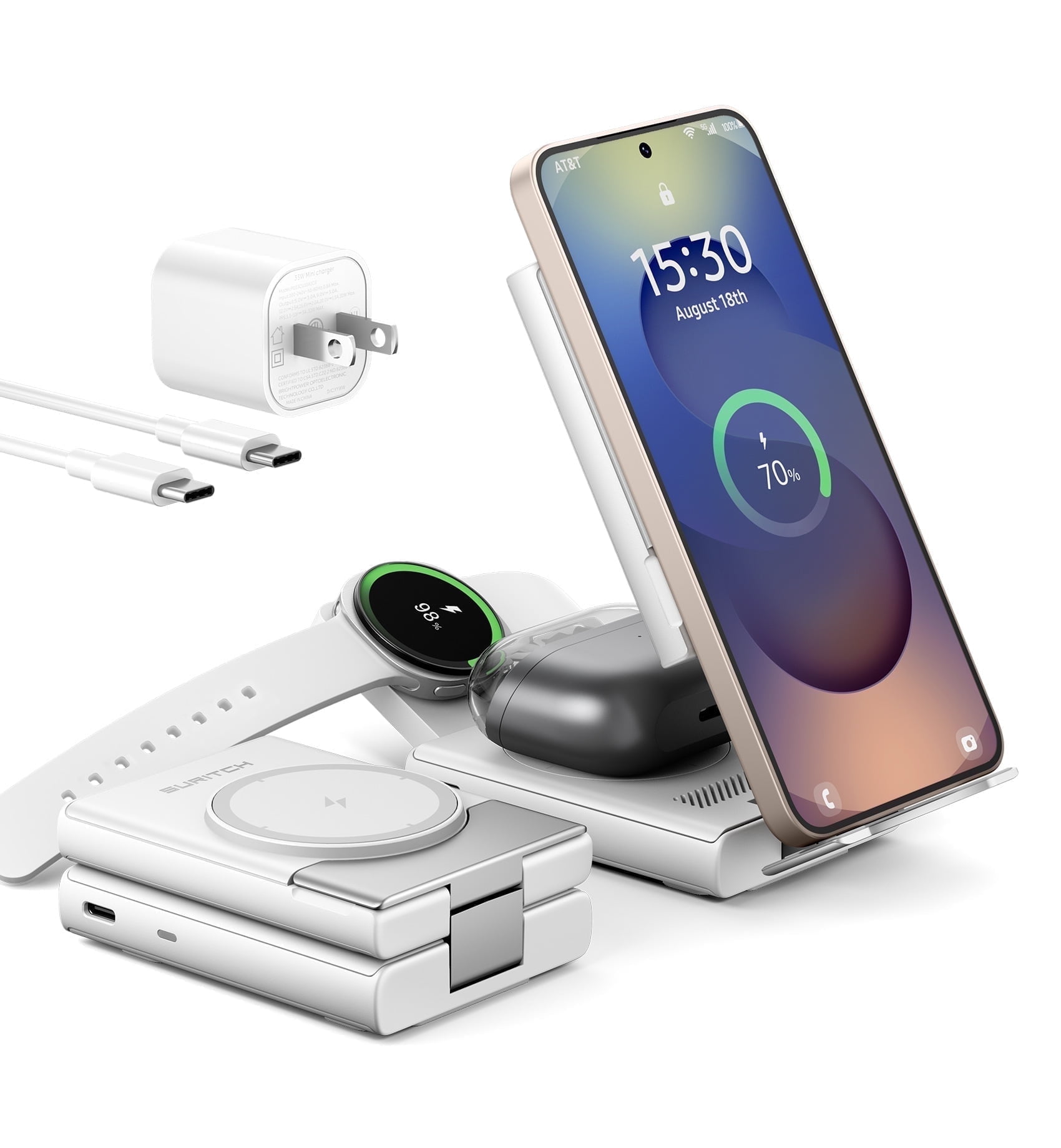 Suritch 3 in 1 Charging Station for Samsung Galaxy S25 S24 S23 S22 S21, Wireless Charger for Galaxy Watch and Buds, White