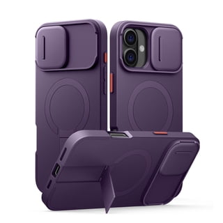 Suritch for iPhone 16 Plus Case with Magnetic Camera Slide Cover and Adjustable Kickstand, Compatible with MagSafe, Shockproof Bumper Slim Protective Cover, Purple