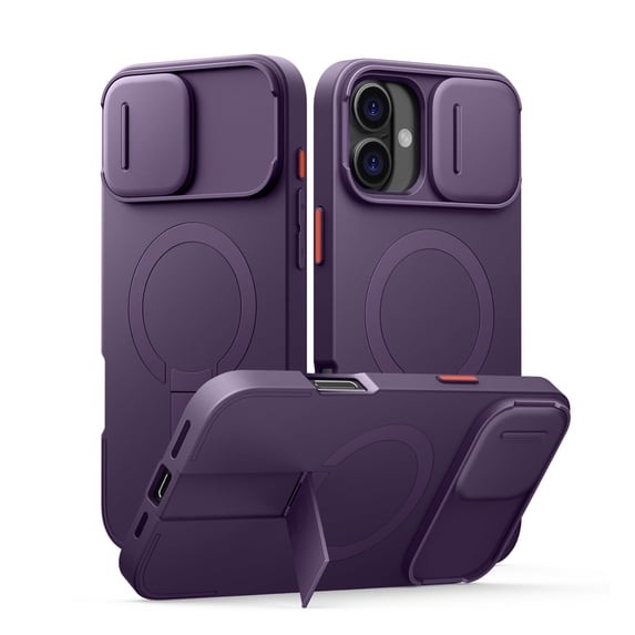 Suritch Phone Case for iPhone 16 Plus with Magnetic Camera Slide Cover and Adjustable Kickstand, Compatible with MagSafe, Shockproof Rugged Protective Cover, Purple