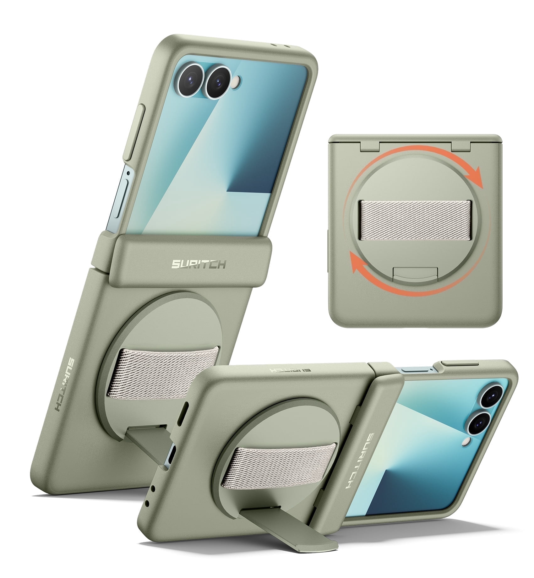 Suritch Phone Case for Samsung Galaxy Z Flip 7 with Rotatable Hand Grip, Kickstand and Screen Protector, Rugged Shockproof Protective Cover, Green