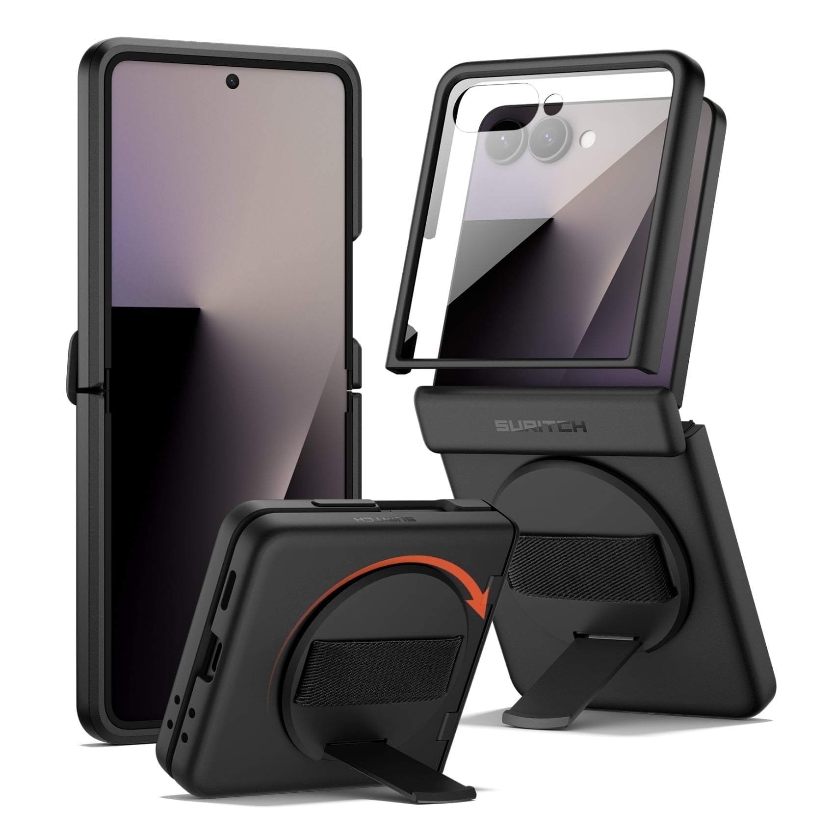 Suritch Phone Case for Samsung Galaxy Z Flip 7 with Rotatable Hand Grip, Kickstand and Screen Protector, Rugged Shockproof Protective Cover, Black
