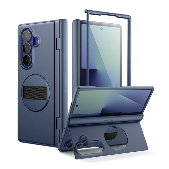 Suritch Cell Phone Case for Samsung Galaxy Z Fold 7 with 360° Rotatable Hand Strap, Kickstand and Screen Protector, Rugged Shockproof Protective Cover, Blue