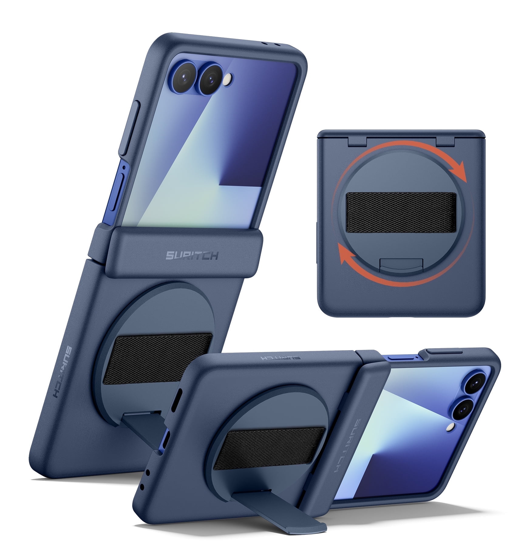 Suritch Phone Case for Samsung Galaxy Z Flip 7 with Rotatable Hand Grip, Kickstand and Screen Protector, Rugged Shockproof Protective Cover, Blue